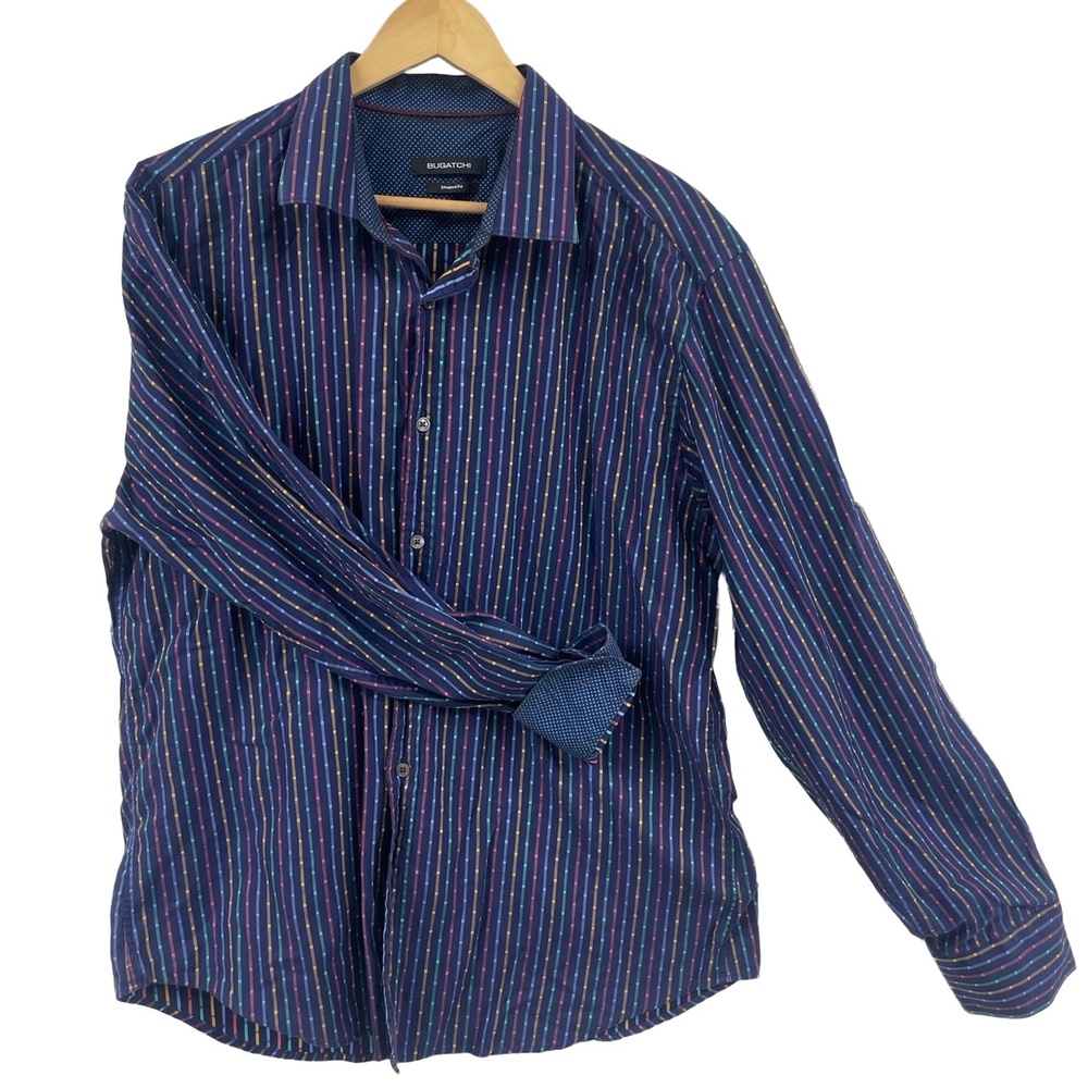 Bugatchi Multicolor Navy Blue Striped Long Sleeve Collared button Dress Shirt XL